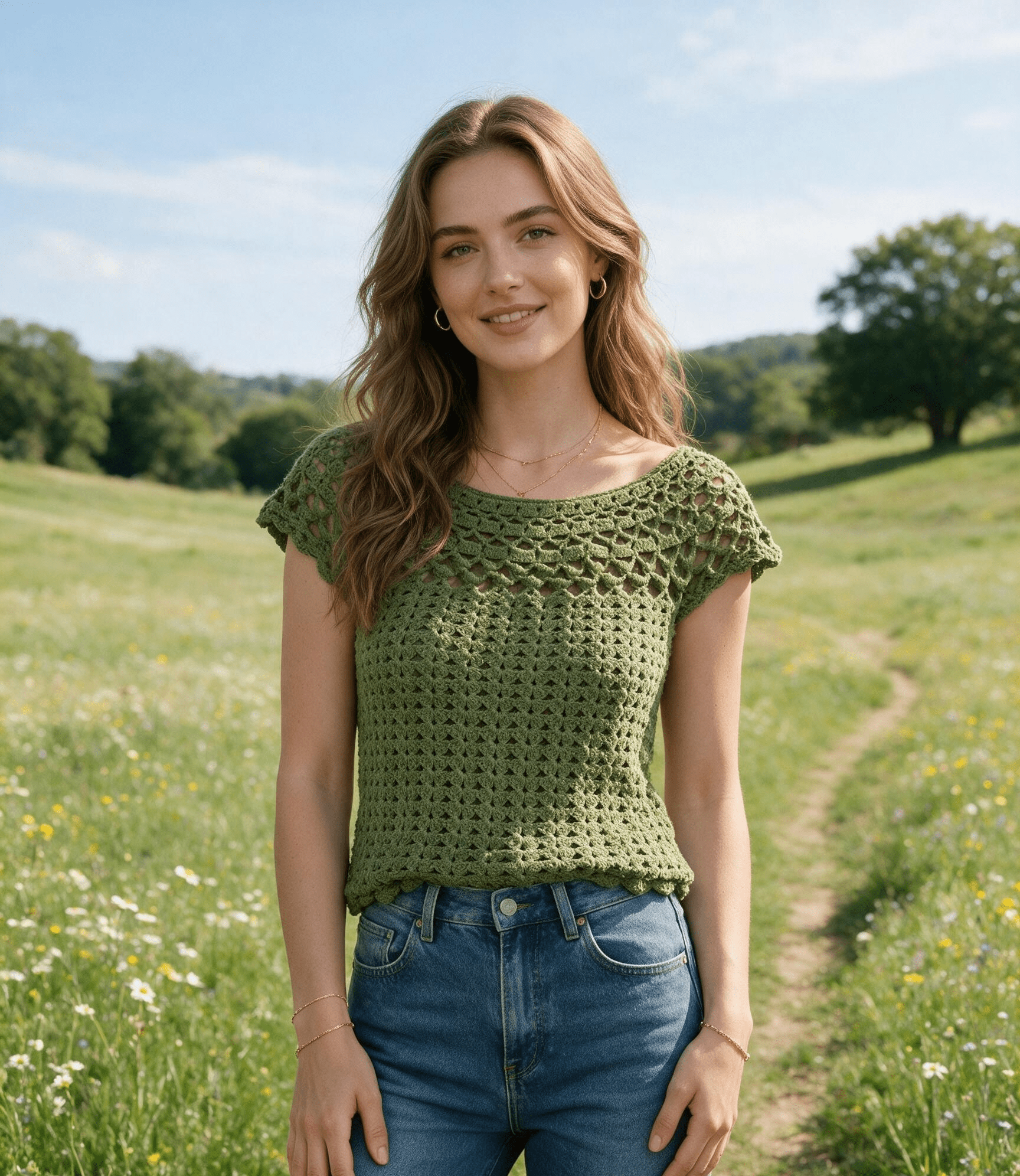 Bohemian Forest Green Boat Neck Top - Handmade Women's Acrylic Knit - Sarah Wadley Creations