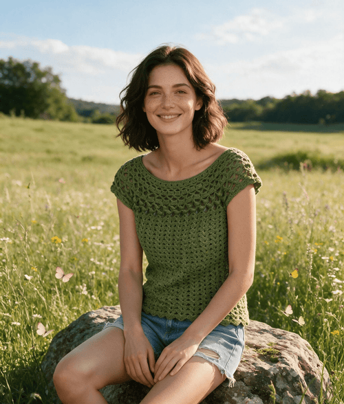 Bohemian Forest Green Boat Neck Top - Handmade Women's Acrylic Knit - Sarah Wadley Creations