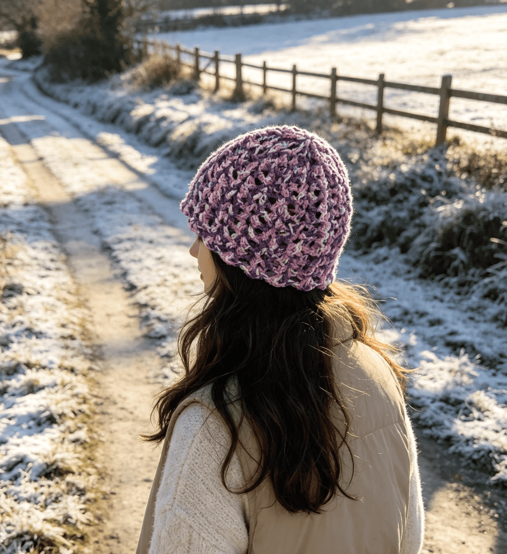 Lilac Print Beanie by Sarah Wadley Creations — Handmade Soft Acrylic Shell Stitch - Sarah Wadley Creations