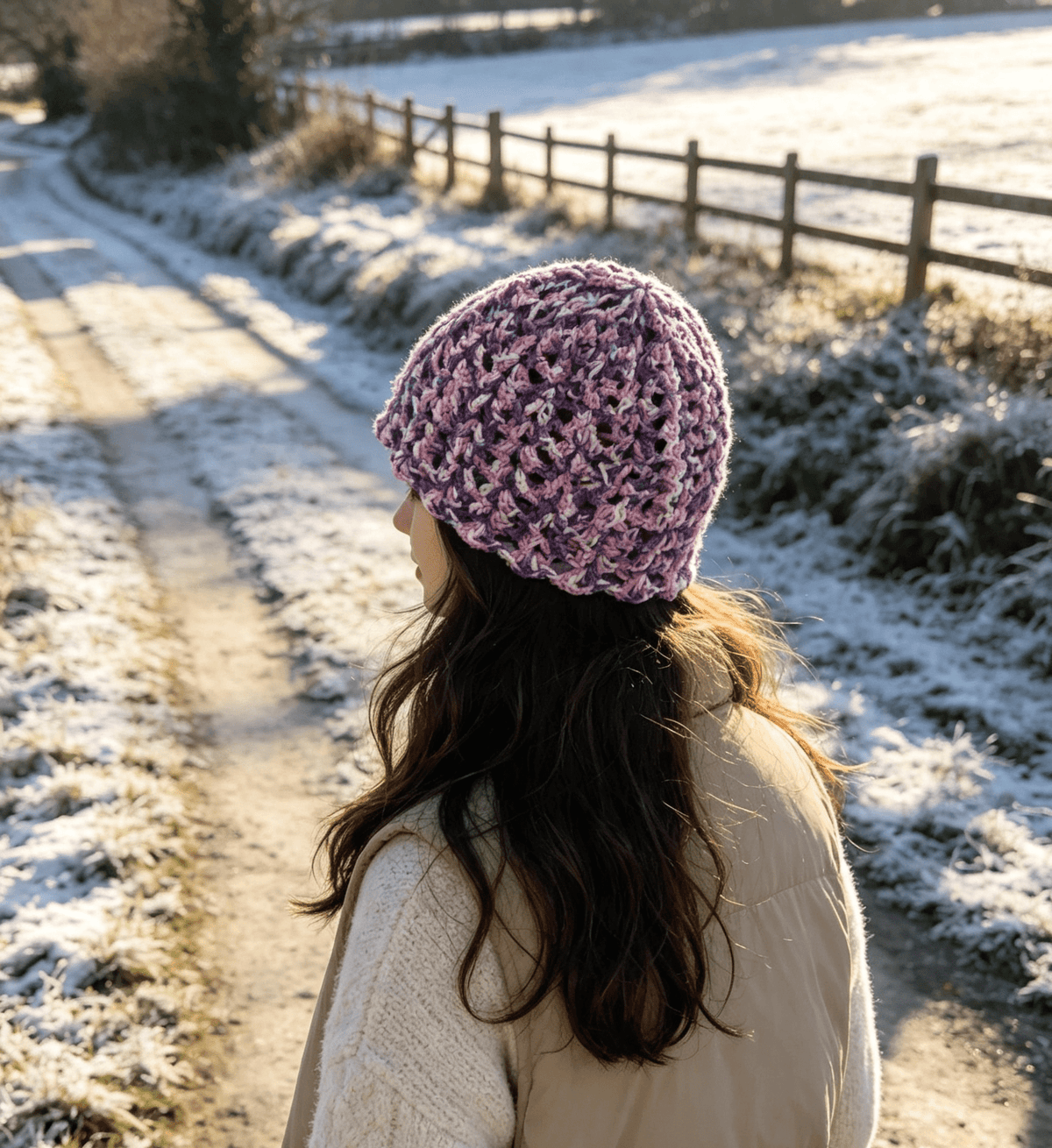 Lilac Print Beanie by Sarah Wadley Creations — Handmade Soft Acrylic Shell Stitch - Sarah Wadley Creations