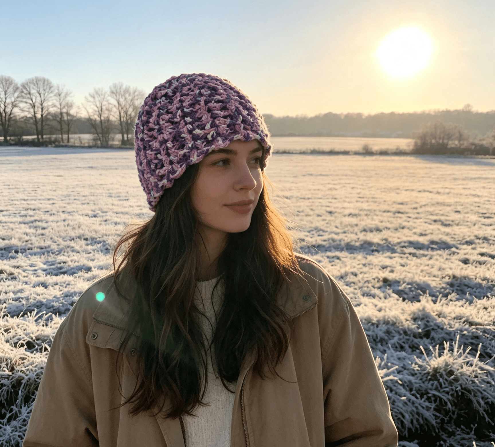 Lilac Print Beanie by Sarah Wadley Creations — Handmade Soft Acrylic Shell Stitch - Sarah Wadley Creations