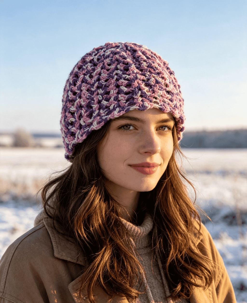 Lilac Print Beanie by Sarah Wadley Creations — Handmade Soft Acrylic Shell Stitch - Sarah Wadley Creations
