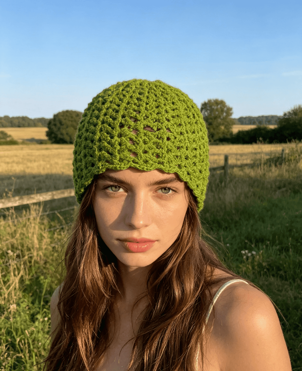 Lime Boho Beanie — Handmade Women's Institute Acrylic Yarn, Small Size - Sarah Wadley Creations