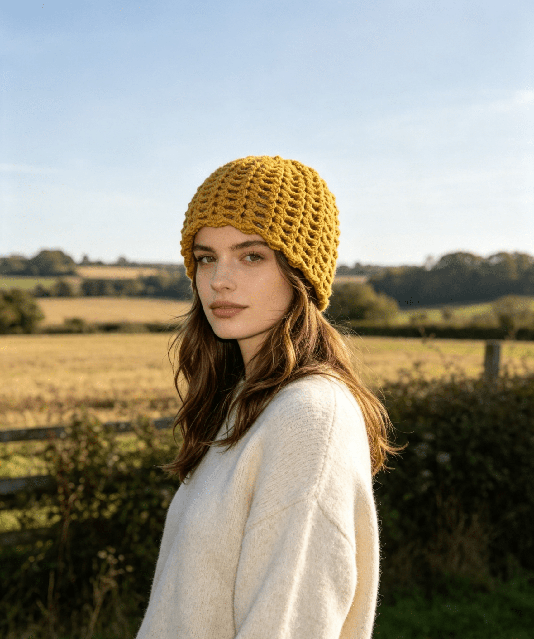 Mustard Boho Beanie — Handmade Women's Institute Acrylic Small Beanie - Sarah Wadley Creations