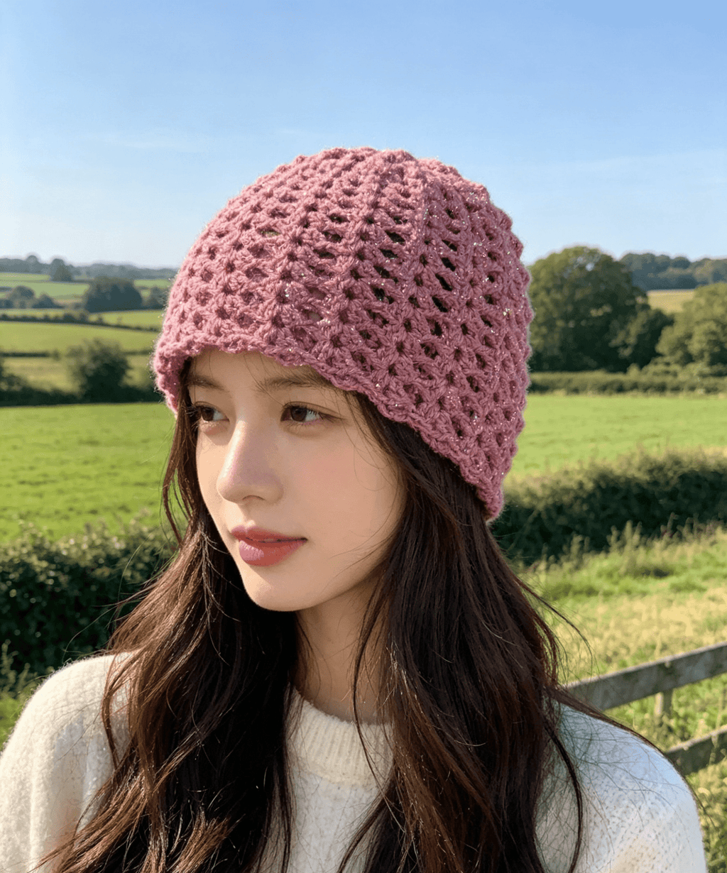 Pink Sparkle Boho Beanie S — Handmade Small Acrylic Beanie (19.5" Circumference, 8" Length) - Sarah Wadley Creations