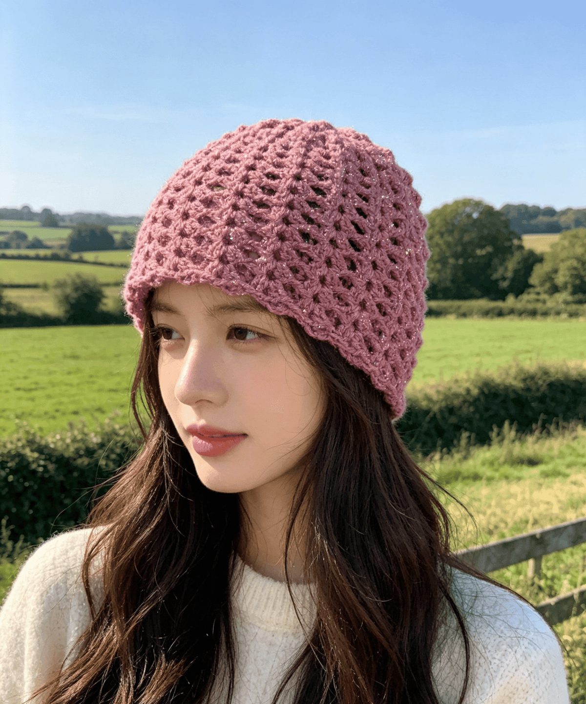 Pink Sparkle Boho Beanie S — Handmade Small Acrylic Beanie (19.5" Circumference, 8" Length) - Sarah Wadley Creations