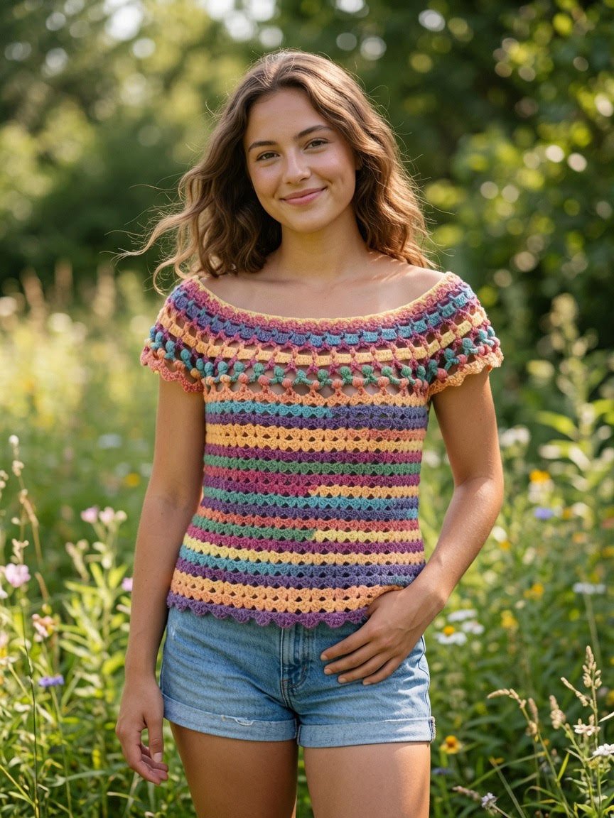 Rainbow Boho Boat Neck Top - Sarah Wadley Creations
