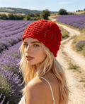 Red Boho Beanie — Handmade Women's Institute Acrylic, Medium Fit (Circumference ~20") - Sarah Wadley Creations